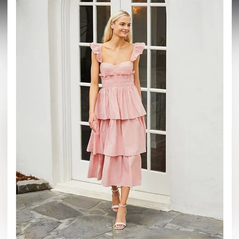 NWT ANTONIO MELANI Leila Sweetheart Neck Taffeta Smocked Tiered Midi Dress - Picture 2 of 9